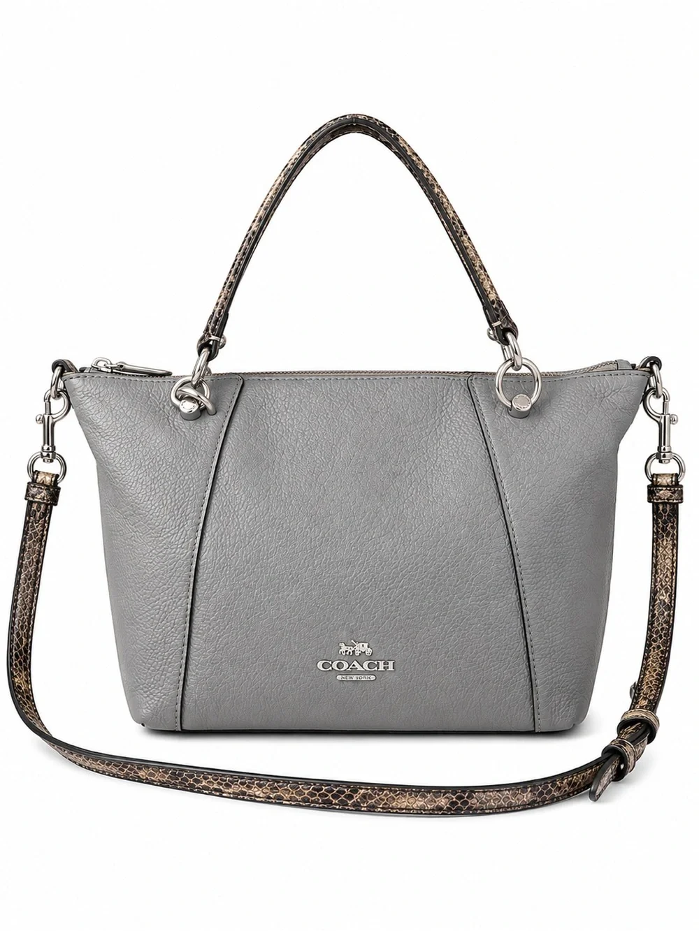 Coach Prairie Satchel Gray Pebbled Leather Crossbody Shoulder Bag Snake Trim